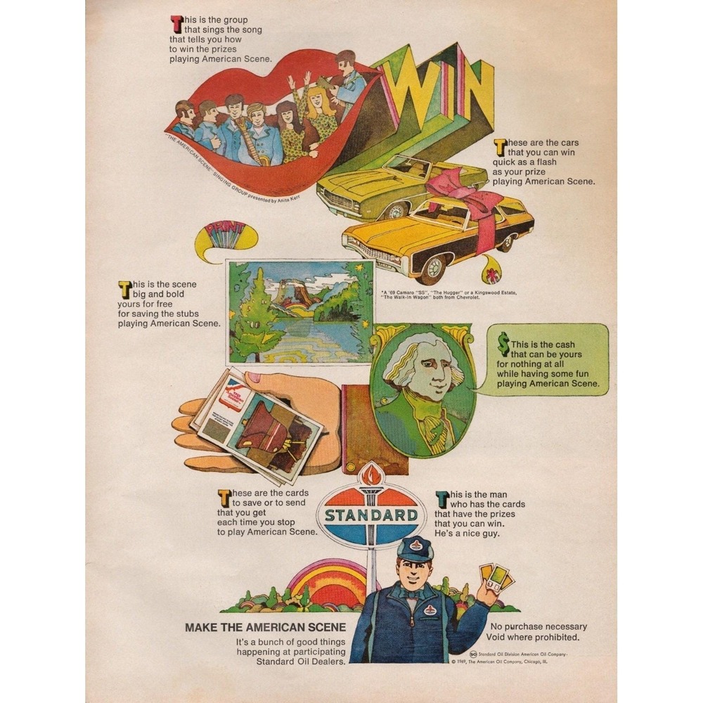 1969 Standard Oil Vintage Print Ad American Scene Camaro Cash Card Game Contest